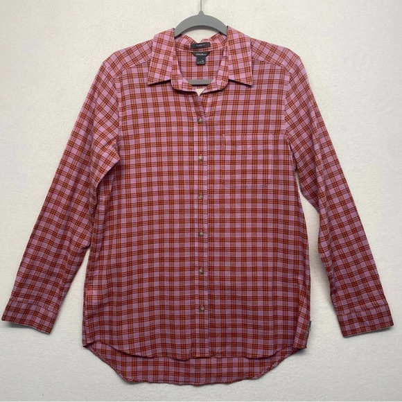 NWT Eddie Bauer Plaid Check Shirt Button Down Purple Orange M - Picture 1 of 6